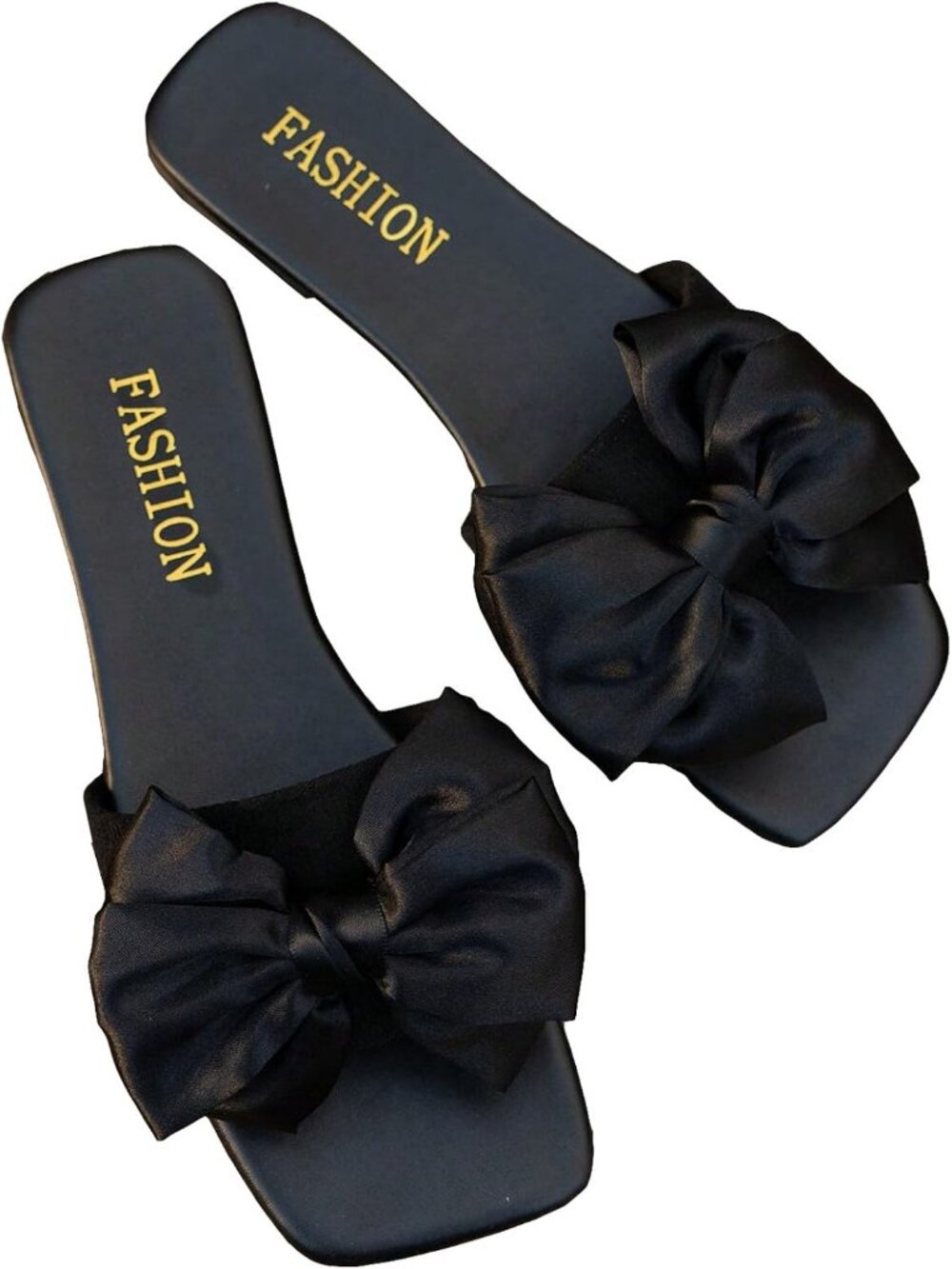 Women's Black Rubber Summer Open Toe Slip On Stylish Bow Slide Flat Sandals